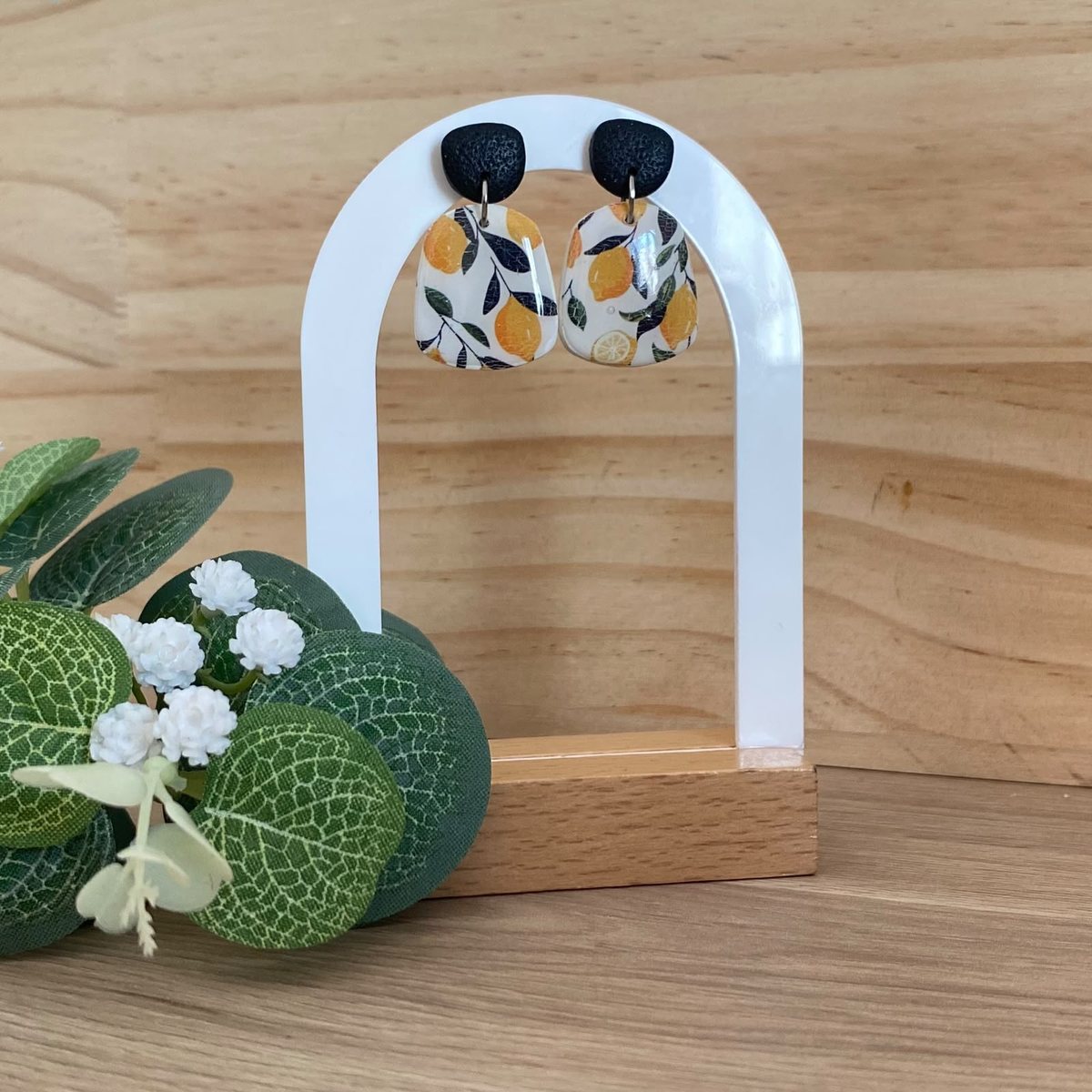 Lemon print polymer clay dangle earrings